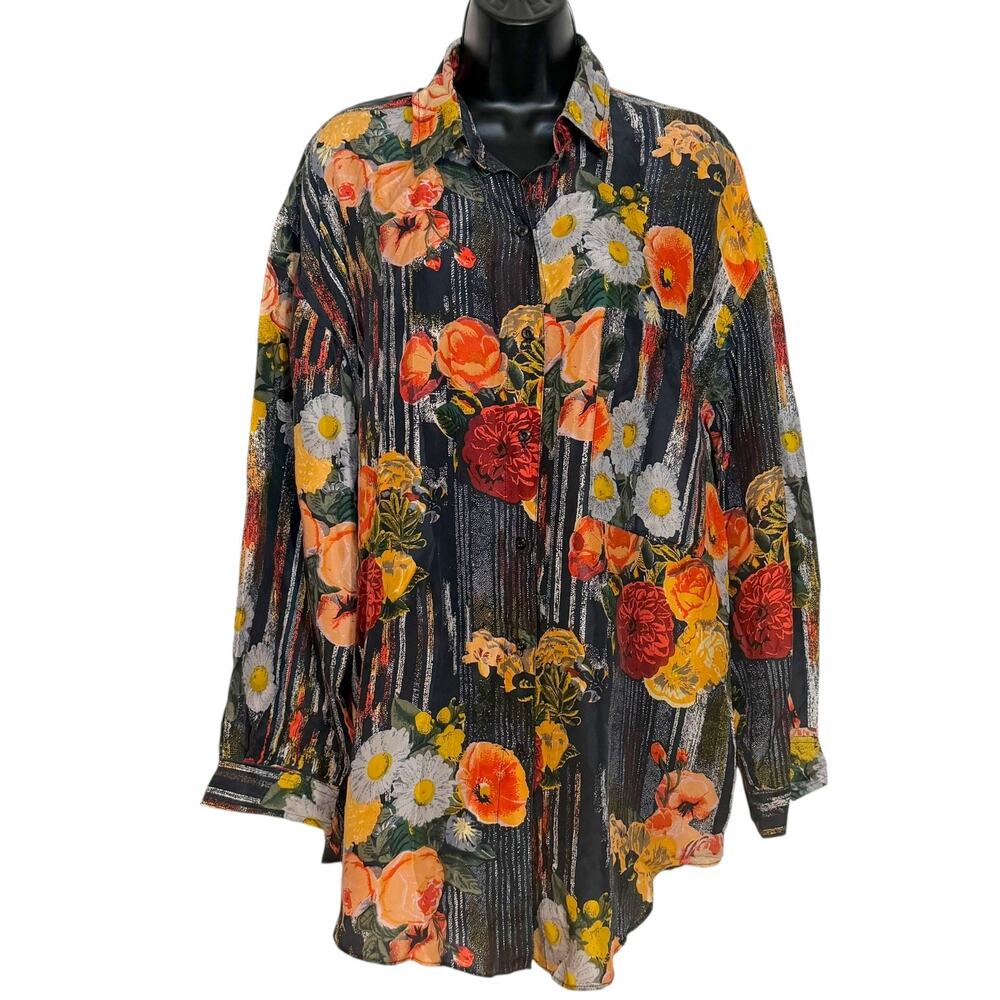 Vtg Jane Ashley Silk Floral Blouse L Oversized Artsy Abstract Floral Graphic 90s